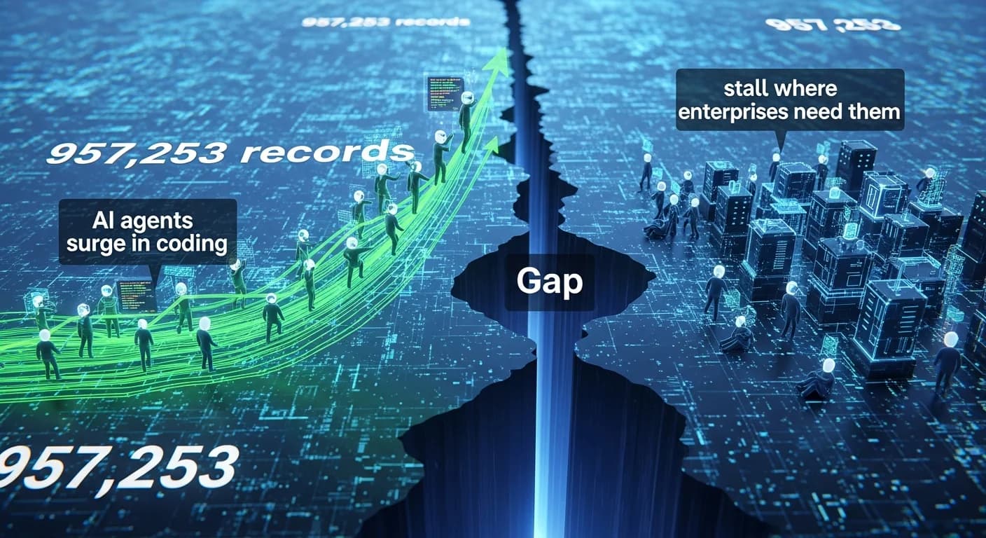 957,253 records can't hide the gap: AI agents surge in coding but stall where enterprises need them