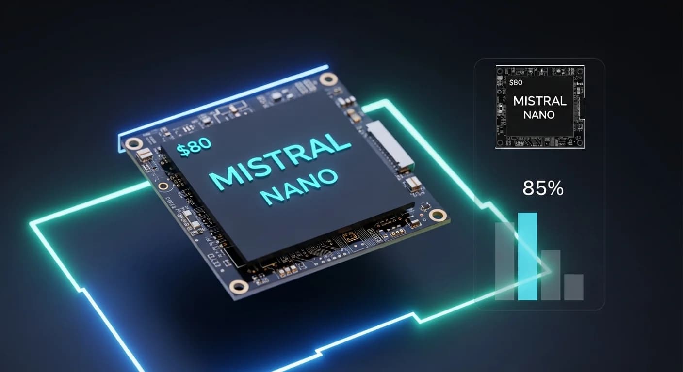 Mistral Nano runs on $80 hardware and matches 85% of its bigger sibling. That gap decides everything.