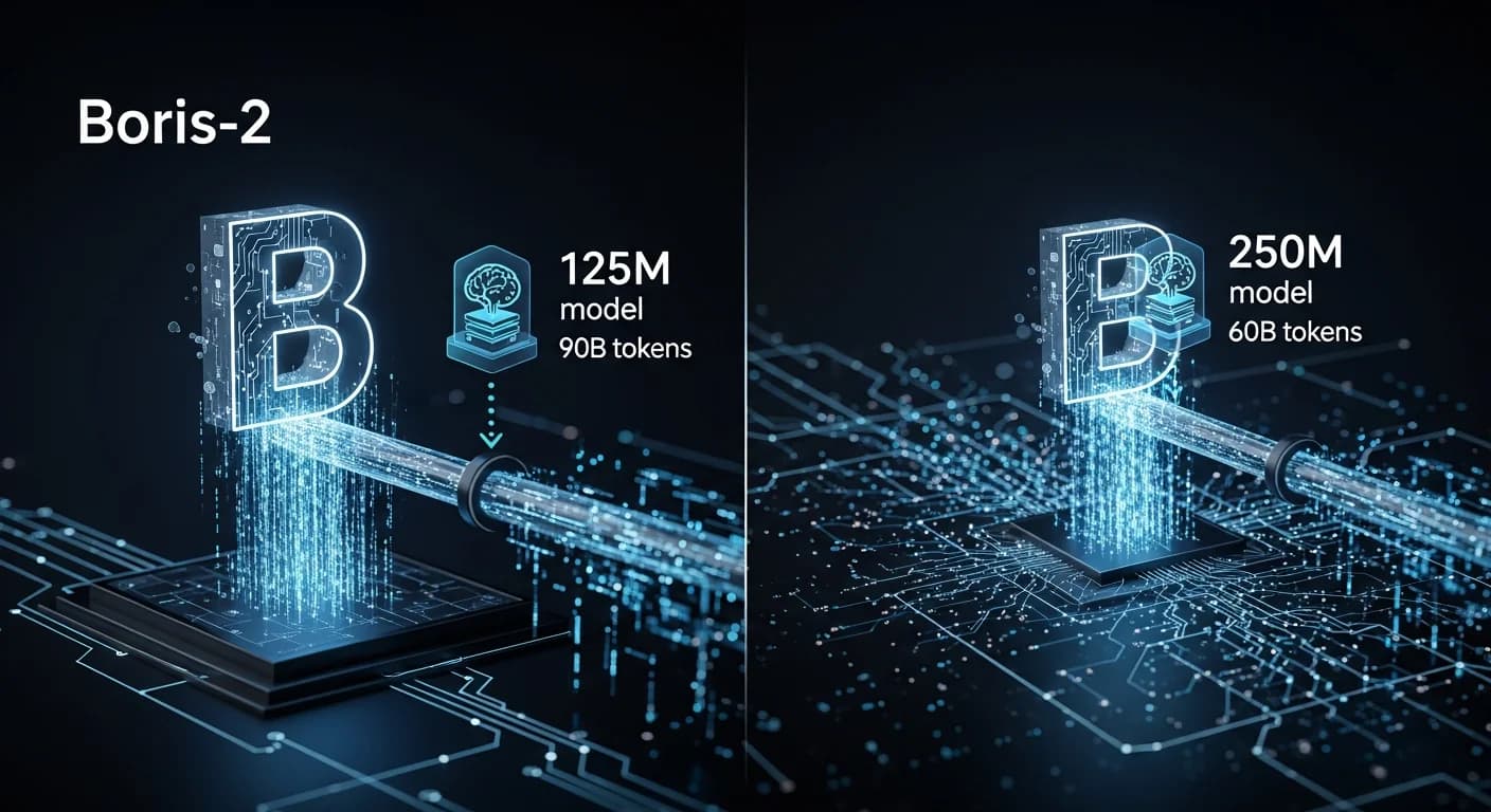 Boris-2 alimenta su modelo de 125M con 90B tokens, y su 250M con solo 60B