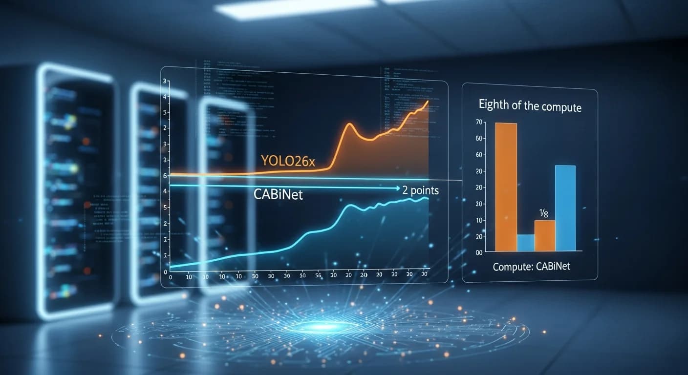 CABiNet stays within 2 points of YOLO26x at an eighth of the compute