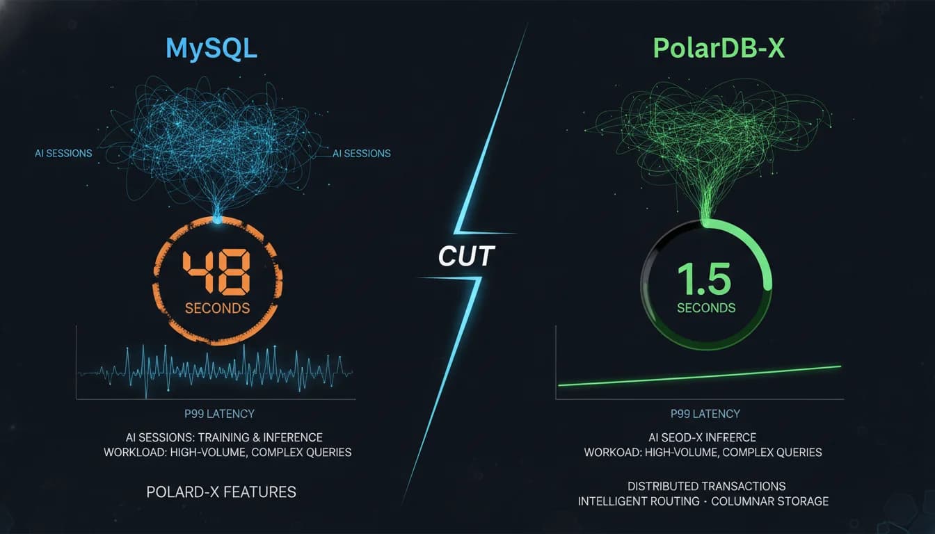 MySQL's P99 hit 48 seconds on AI sessions. PolarDB-X cut it to 1.5